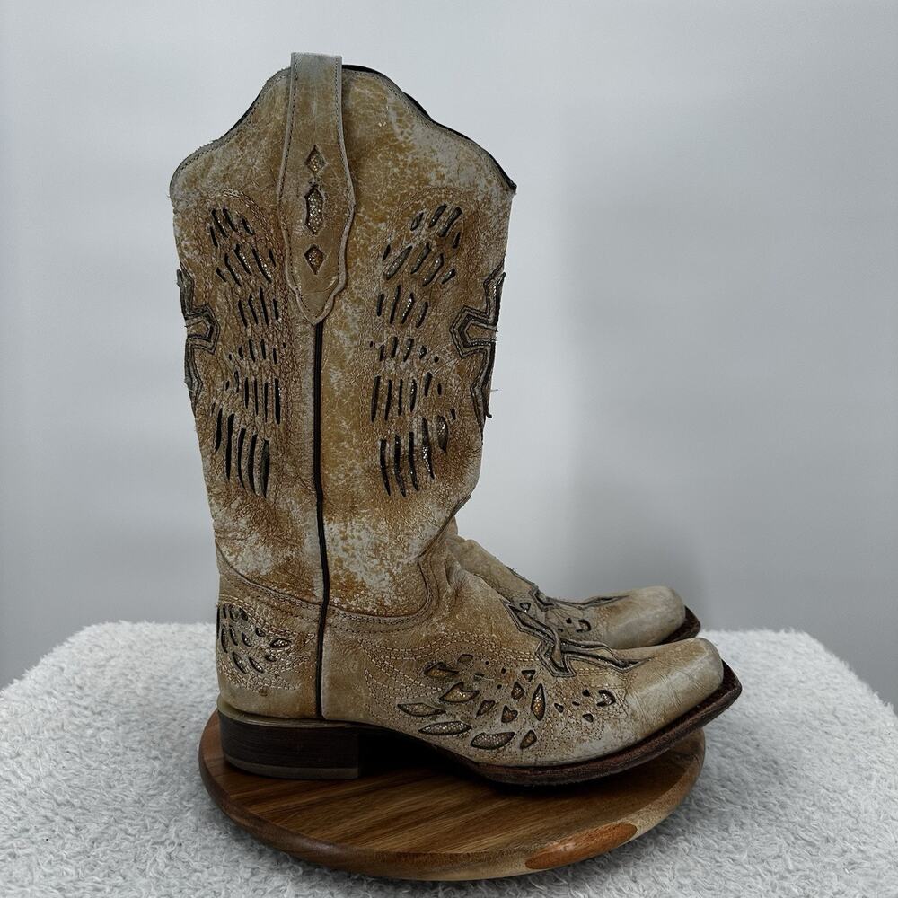 Tanner Mark Boots Womens 10 Yellow Cross Shiney Cowgirl‎ Rodeo Heeled Square Toe